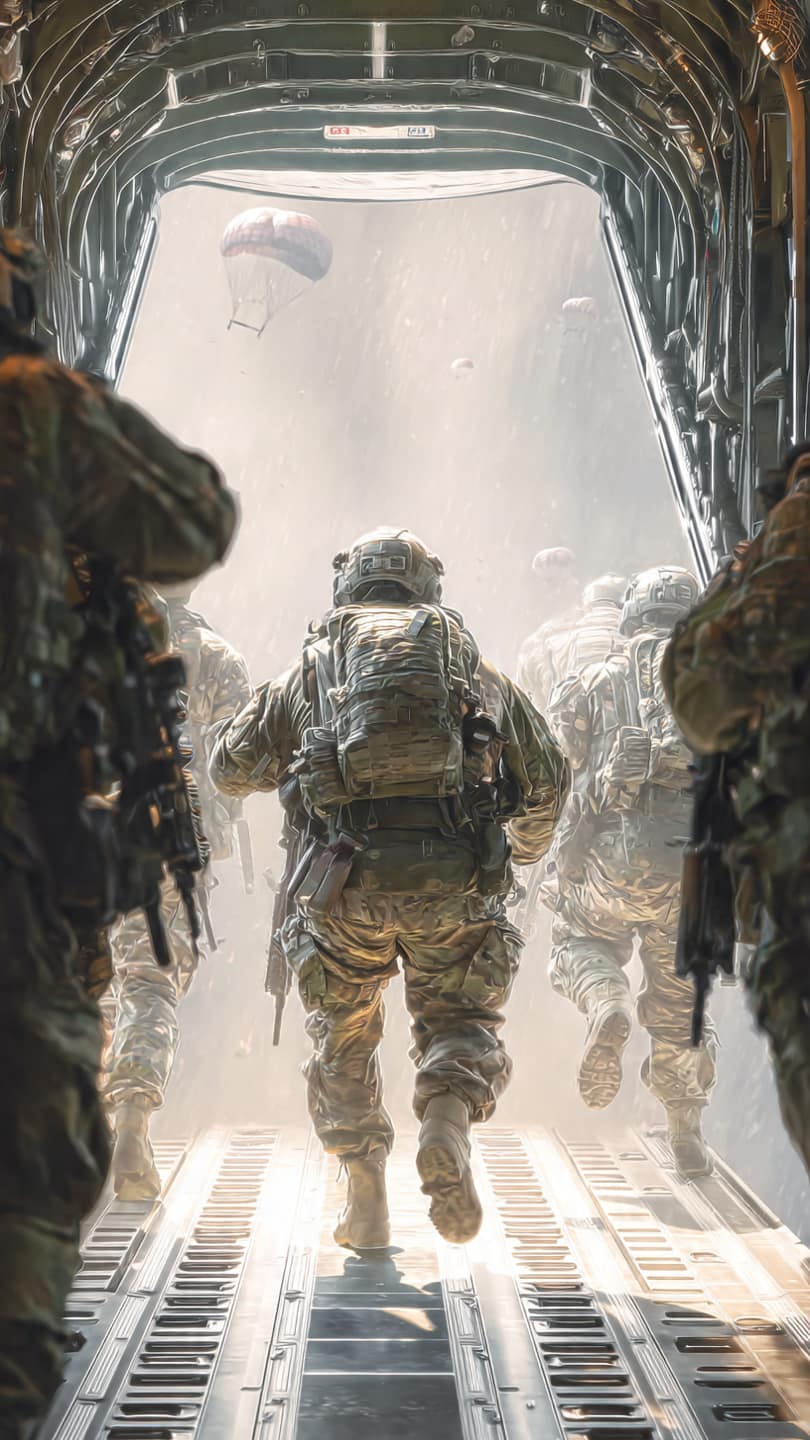 Inside the jump door sequence with paratroopers stepping into the drop.